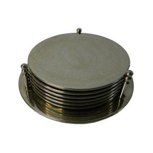 Vtg International Silver Plated 7 Piece Coaster Set 6 Coasters With Holder